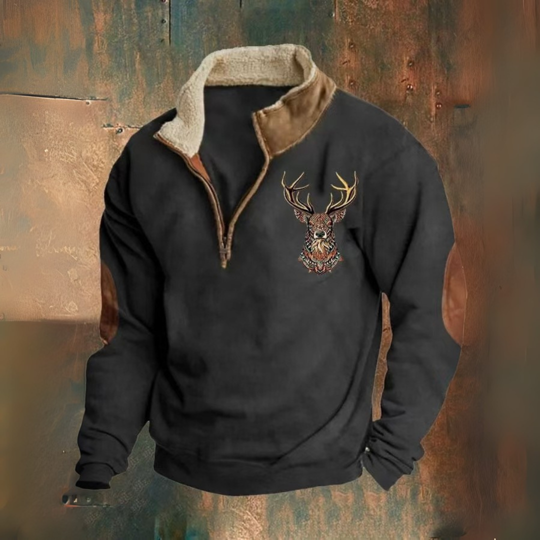 Guido | Bruine sweater met hertenmotief en halve rits