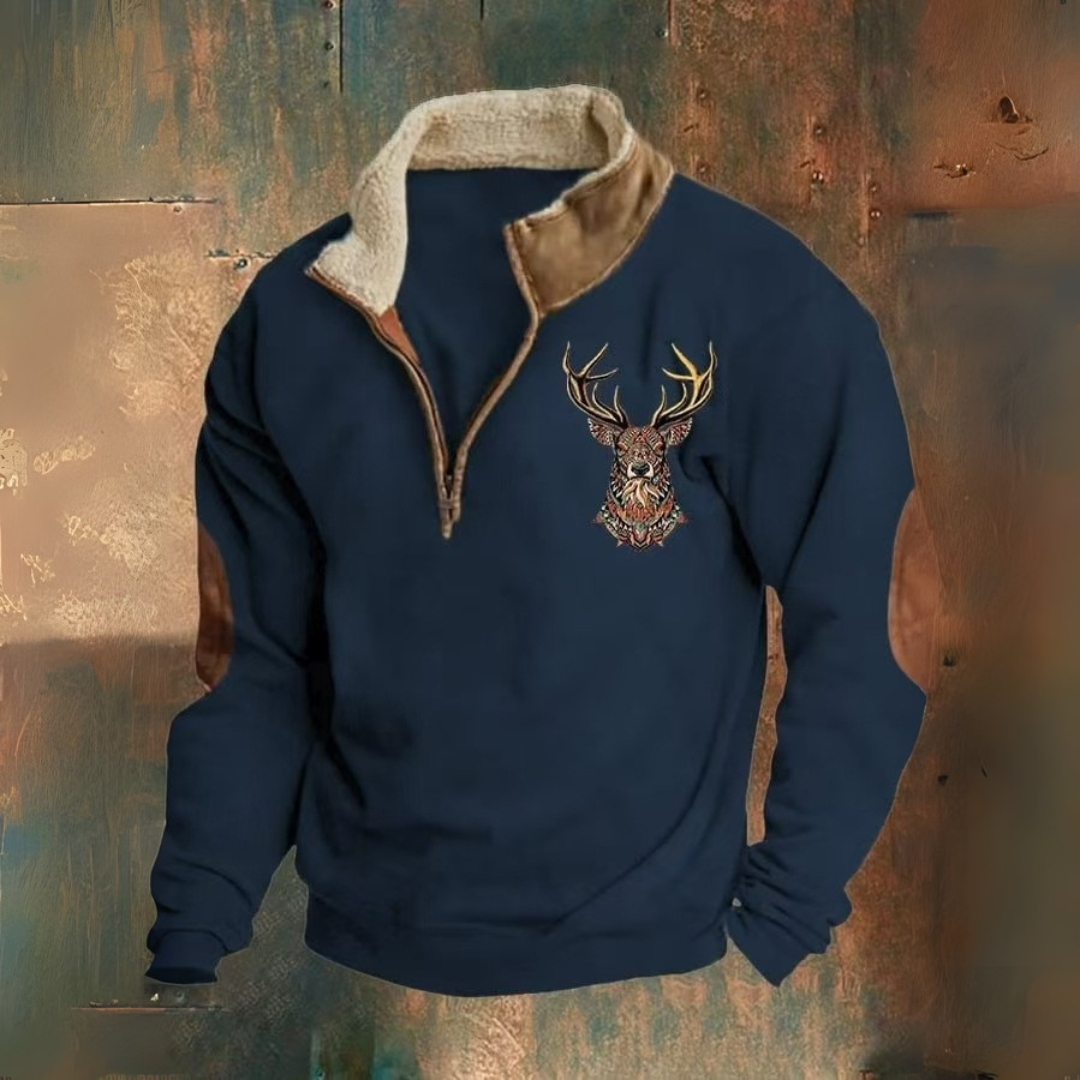 Guido | Bruine sweater met hertenmotief en halve rits