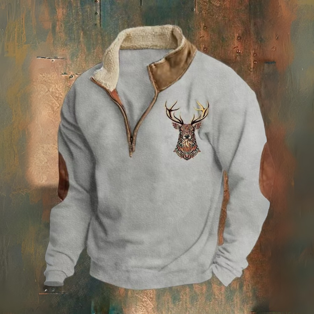 Guido | Bruine sweater met hertenmotief en halve rits