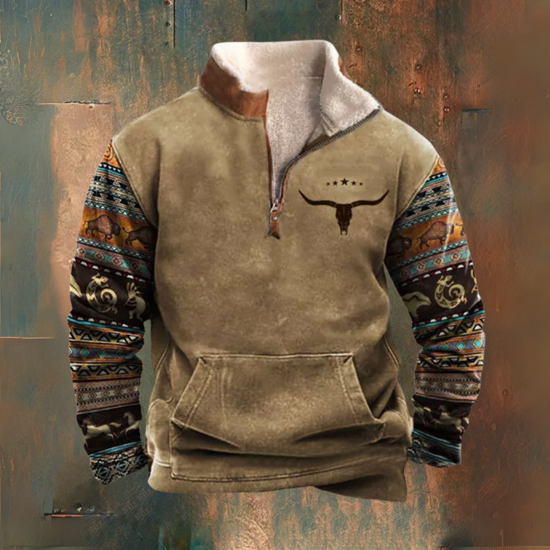 Jan | Bruine sweater met dessinmouwen en halve rits
