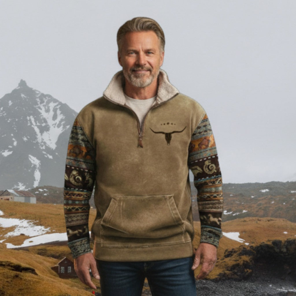 Jan | Bruine sweater met dessinmouwen en halve rits